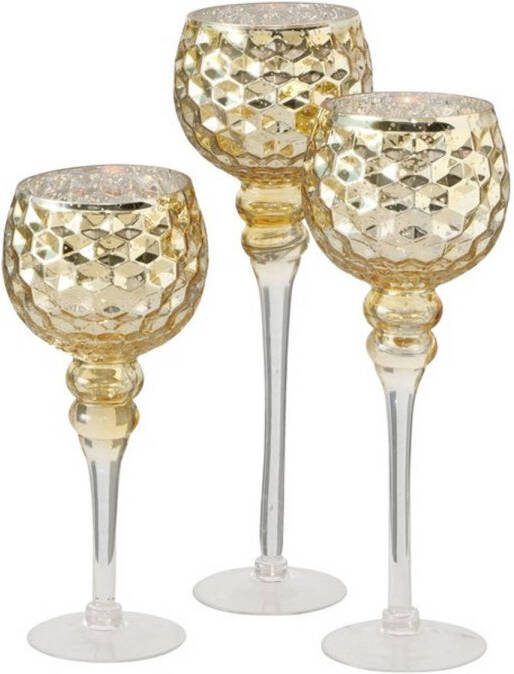 Deco by Boltze Luxe Glazen Design Kaarsenhouders/windlichten Set Van 3x Stuks Champagne/goud Transparant 30 40 Cm Waxinelichtjeshoude
