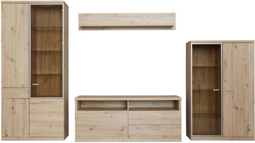 Hioshop Echo Wandkast Opstelling Eiken Decor, Bruin Pasolglas Met Mat Nikkel Aluminium Frame.