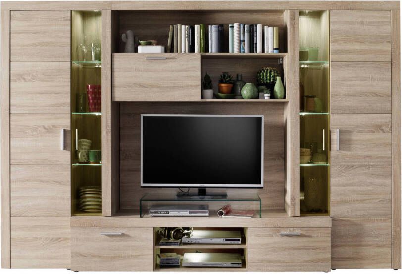 Hioshop Molar Wandkast Opstelling 4 Deuren, 5 Planken En 3 Kleppen, Incl Verlichting, Eiken Decor.