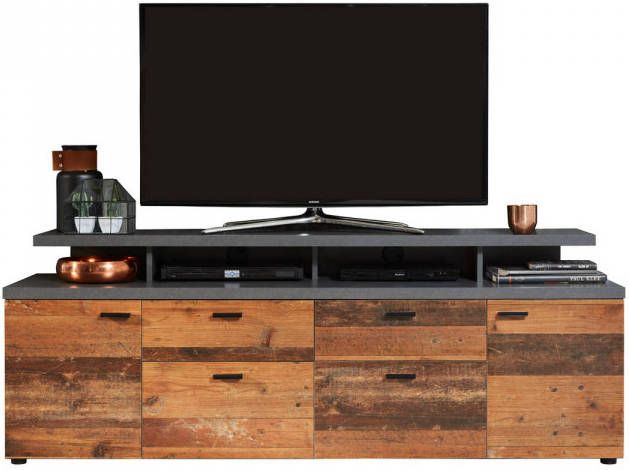 Hioshop Mood Tv meubel 2 Deuren, 2 Laden, 4 Open Vakken, 2 Kleppen Eiken Decor, Oud Houten Decor.