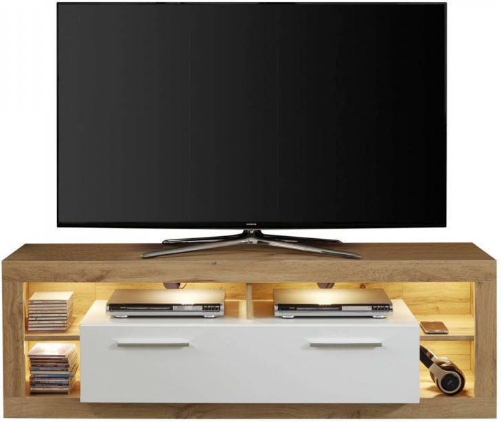 Hioshop Rock Tv meubel 150 Cm 1 Deur, 4 Open Vakken Wotan Eiken Decor, Wit, Wit Hoogglans.