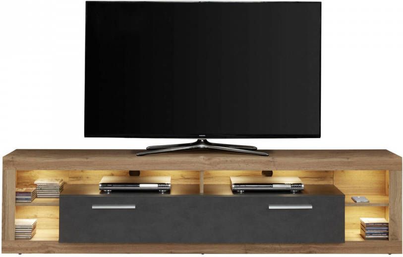 Hioshop Rock Tv meubel 200 Cm 1 Deur, 4 Open Vakken Wotan Eiken Decor, Grijs Matera Decor.