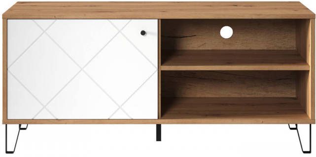 Hioshop Touch TV meubel 1 deur, 2 open vakken eiken decor, wit mat.