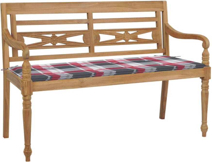 vidaXL Bank Batavia met rood geruit kussen 120 cm massief teakhout
