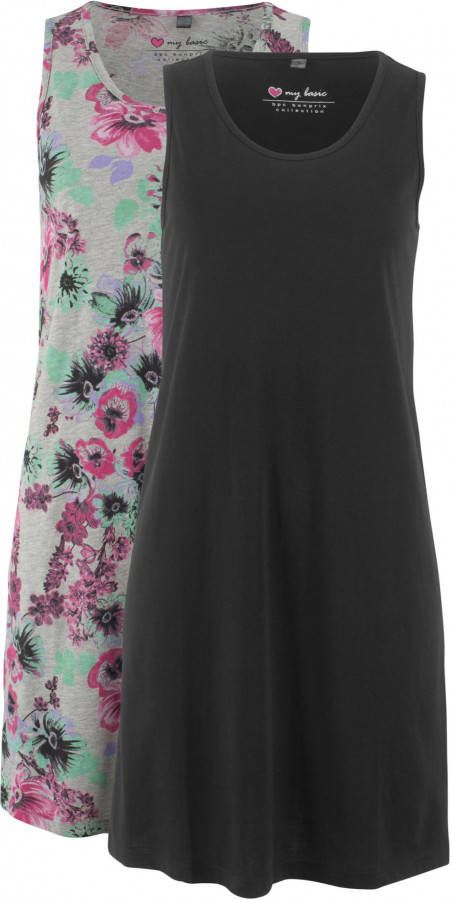 bpc bonprix collection Jersey jurk (set van 2), lichtgrijs gebloemd+zwart
