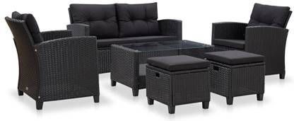vidaXL 6 delige Loungeset met kussens poly rattan zwart