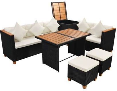 vidaXL 7 delige Loungeset met kussens poly rattan zwart