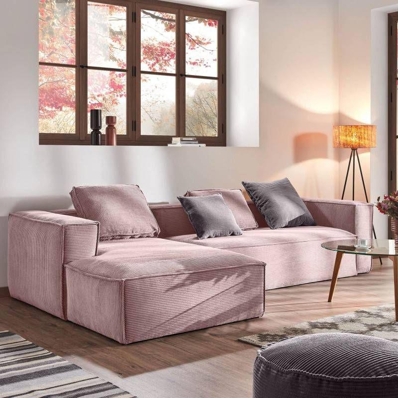 Kave Home 4 zitsbank Blok roze corduroy met chaise longue links 330