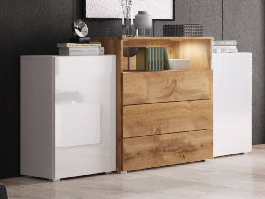 Mobistoxx Dressoir URBY 2 deuren 3 lades wotan eik/hoogglans wit met led