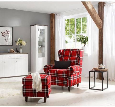 Home affaire Oorfauteuil Eric inclusief hocker in ruitstof of luxe microvezel vintage look