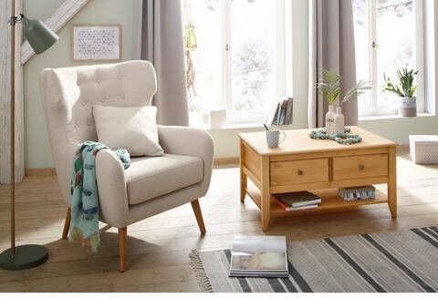 Home affaire Oorfauteuil Yamuna met leuke beklede zitting, frame en poten van massief hout, zithoogte 47 cm