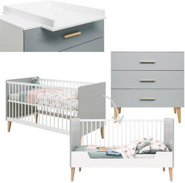 bopita Babykamer Emma 2 delig ombouwbaar, met aankleedkussen 70 x 140 cm wit/grijs