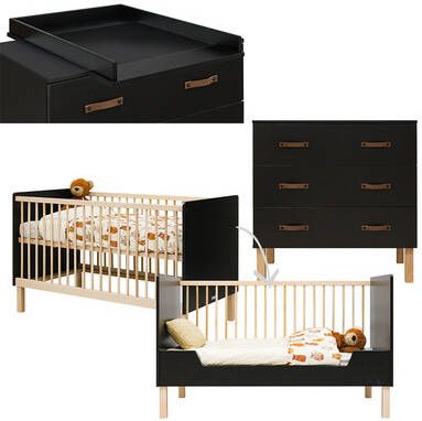 bopita Babykamer Floris 2 delig met ombouwbare commode 70 x 140 cm mat zwart/naturel