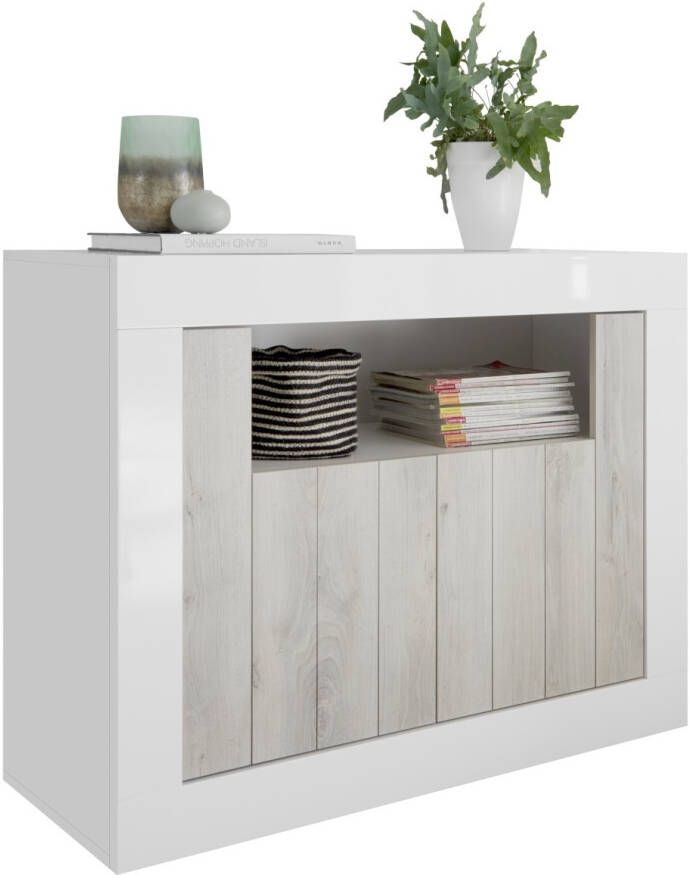 Pesaro Mobilia Dressoir Urbino 110 cm breed in hoogglans wit met grenen wit