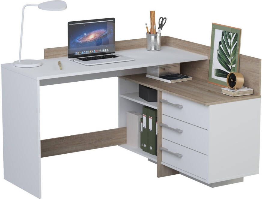 Young Furniture Hoekbureau Thales 129 cm breed in mat wit met eiken