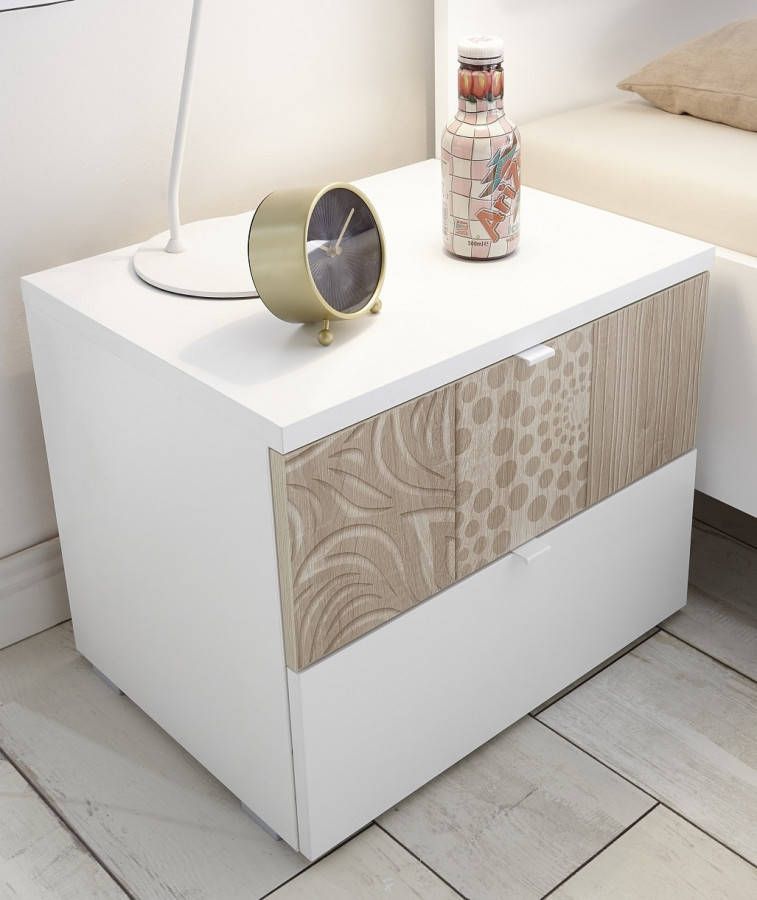 Pesaro Mobilia Nachtkastje Perez 42 cm hoog in mat wit met sonoma eiken