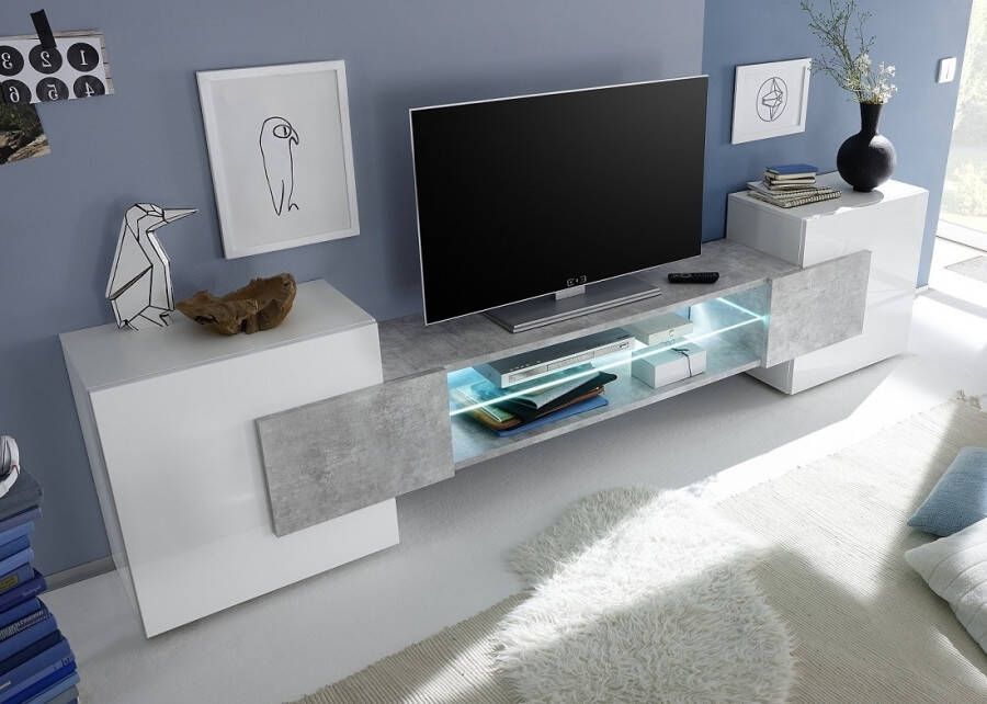 Pesaro Mobilia Tv meubel Incastro 61 cm hoog in hoogglans wit met grijs beton