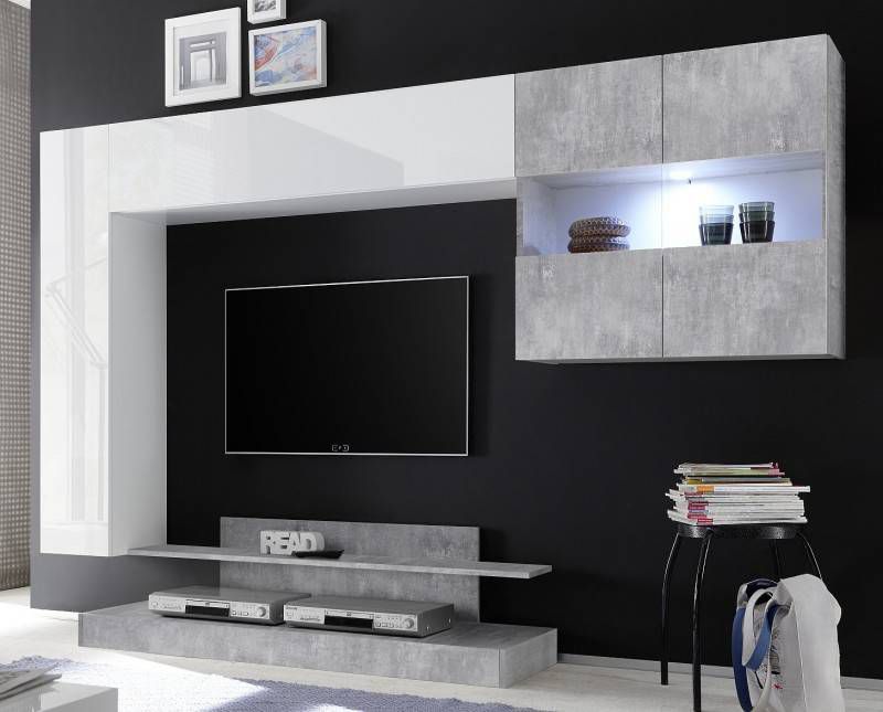 Pesaro Mobilia Tv wandmeubel Ramon 248 cm breed in hoogglans wit met grijs beton
