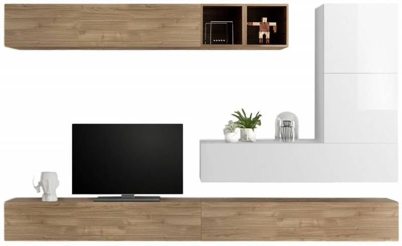 Pesaro Mobilia TV wandmeubel set Adello in hoogglans wit met eiken