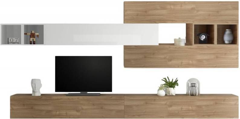 Pesaro Mobilia TV wandmeubel set Davos in hoogglans wit met eiken
