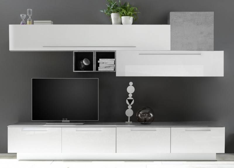 Pesaro Mobilia TV wandmeubel set Gims in hoogglans wit met grijs beton