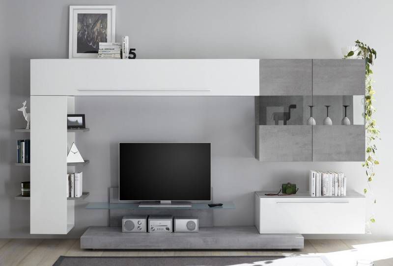 Pesaro Mobilia TV wandmeubel set Harley in hoogglans wit met grijs beton
