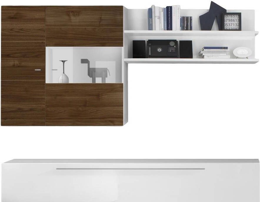 Pesaro Mobilia TV wandmeubel set Helga in hoogglans wit met walnoot