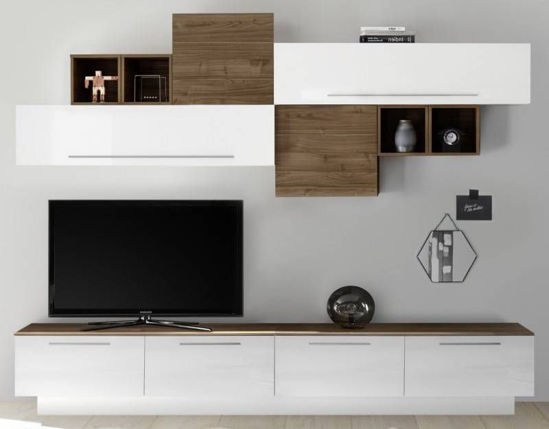 Pesaro Mobilia TV wandmeubel set Helsing in hoogglans wit met walnoot