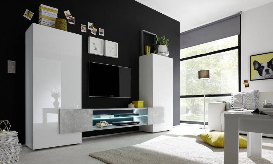Pesaro Mobilia TV wandmeubel set Incastro 258 cm breed Hoogglans wit met grijs beton
