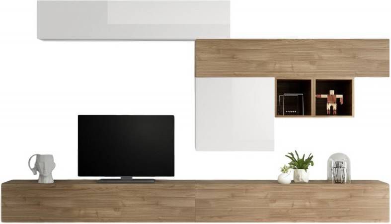 Pesaro Mobilia TV wandmeubel set Kera in hoogglans wit met eiken