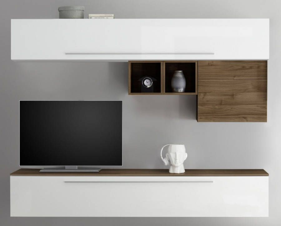 Pesaro Mobilia TV wandmeubel set Miami in hoogglans wit met walnoot