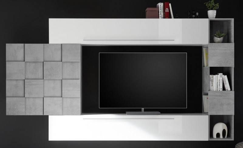 Pesaro Mobilia TV wandmeubel set Mira in hoogglans wit met grijs beton