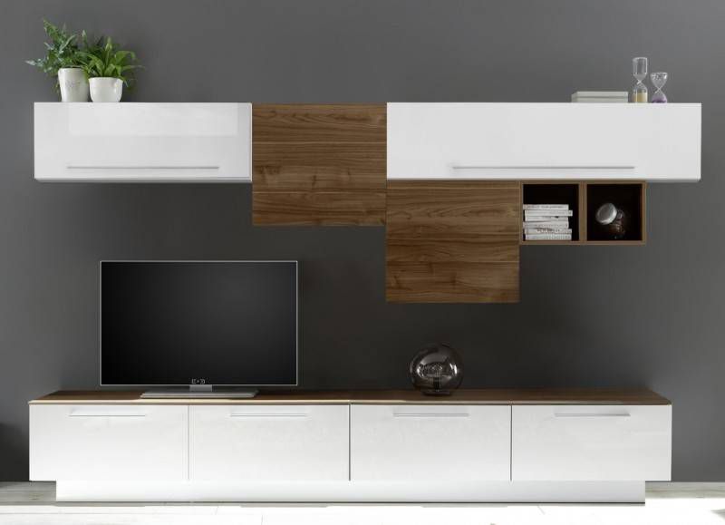 Pesaro Mobilia TV wandmeubel set Nelly in hoogglans wit met walnoot