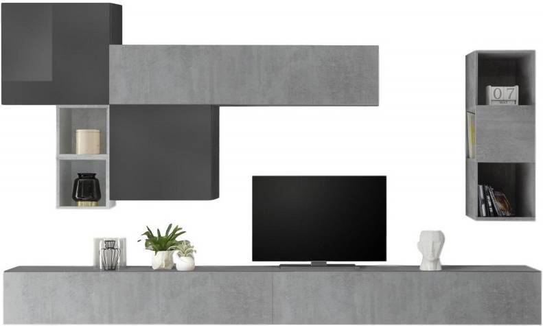 Pesaro Mobilia TV wandmeubel set Pedro in grijs beton met hoogglans grijs