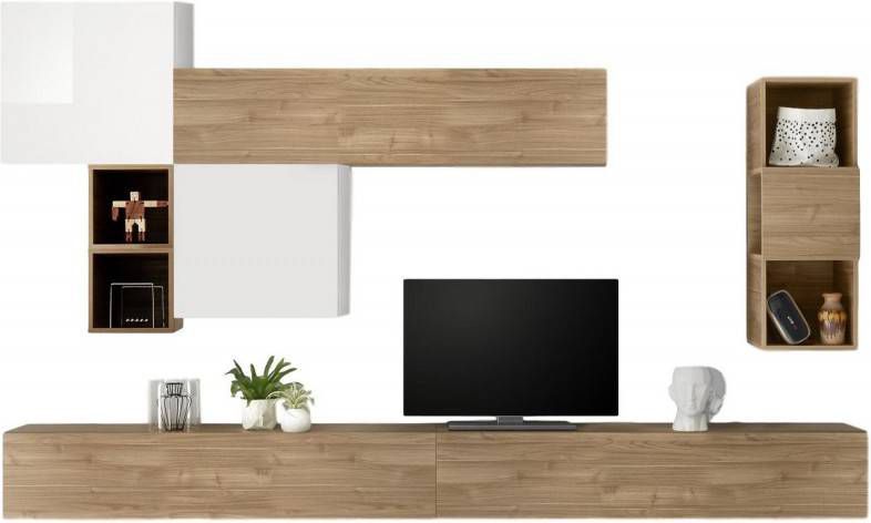 Pesaro Mobilia TV wandmeubel set Pedro in hoogglans wit met eiken