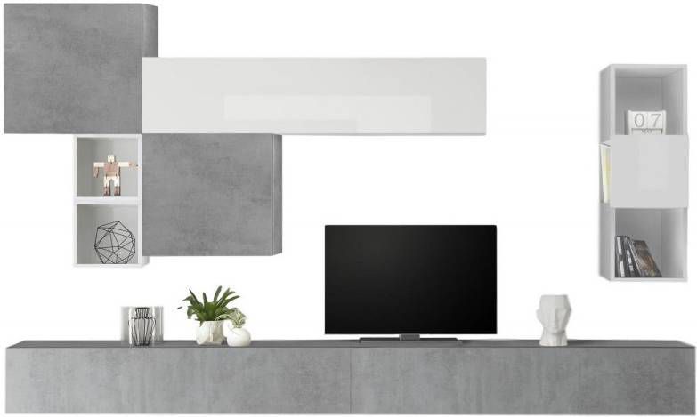 Pesaro Mobilia TV wandmeubel set Pedro in hoogglans wit met grijs beton