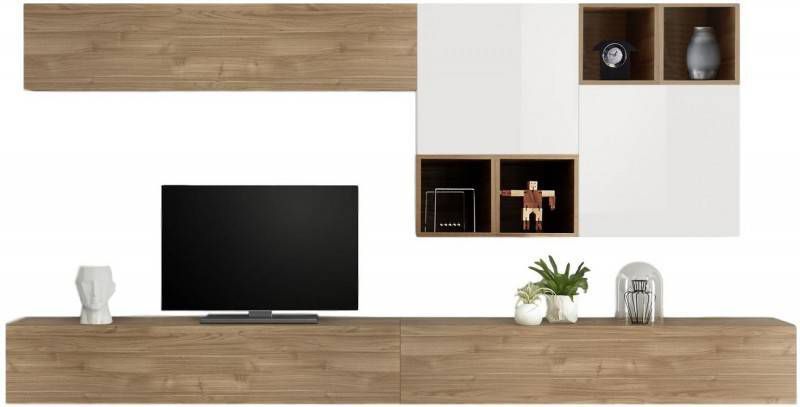 Pesaro Mobilia TV wandmeubel set Sansa in hoogglans wit met eiken