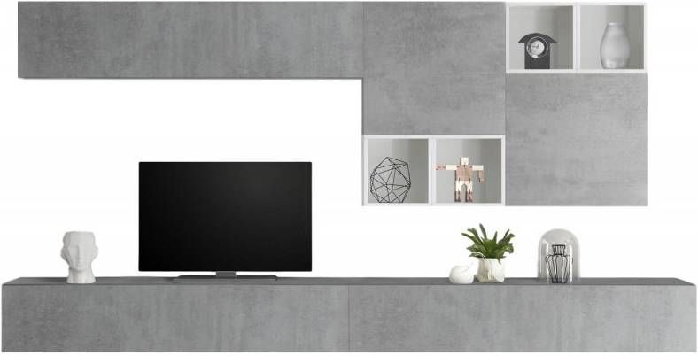 Pesaro Mobilia TV wandmeubel set Sansa in hoogglans wit met grijs beton