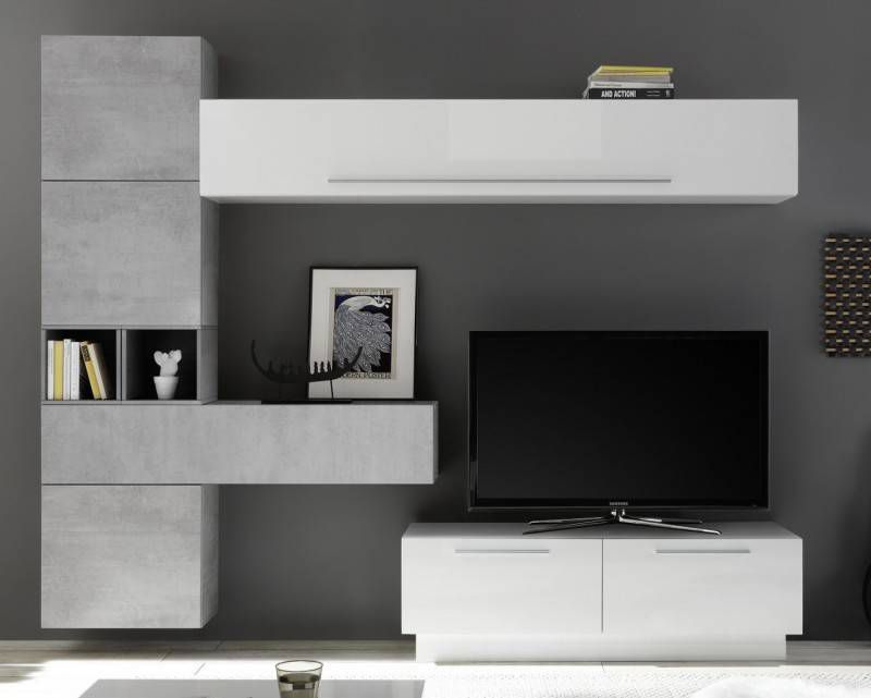 Pesaro Mobilia TV wandmeubel set Toca in hoogglans wit met grijs beton
