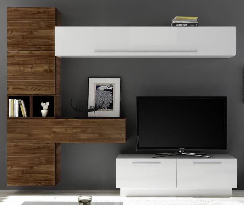 Pesaro Mobilia TV wandmeubel set Toca in hoogglans wit met walnoot