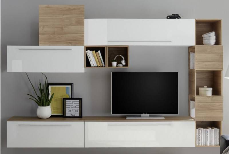 Pesaro Mobilia TV wandmeubel set Vegeta in hoogglans wit met eiken