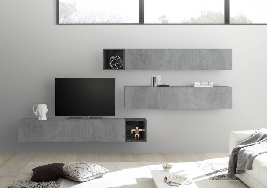 Pesaro Mobilia TV wandmeubel set Balvin in grijs beton met Oxid