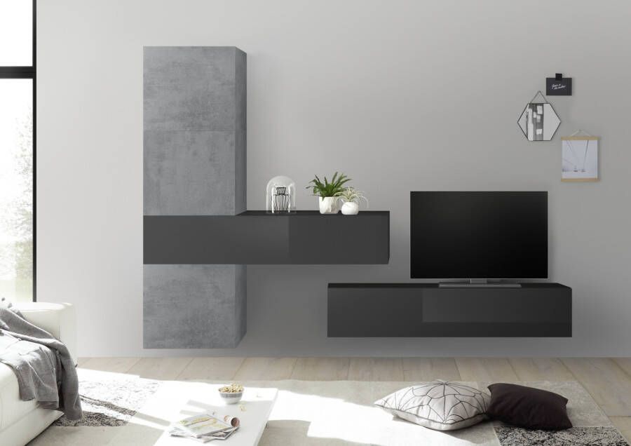 Pesaro Mobilia TV wandmeubel set Bruno in hoogglans grijs met grijs beton