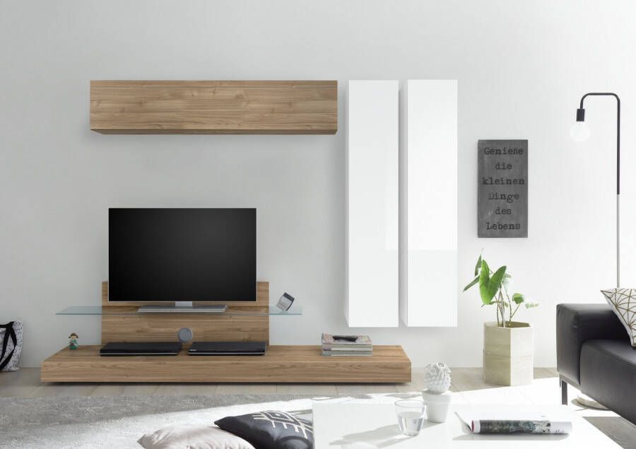 Pesaro Mobilia TV wandmeubel set Maroon in hoogglans wit met eiken