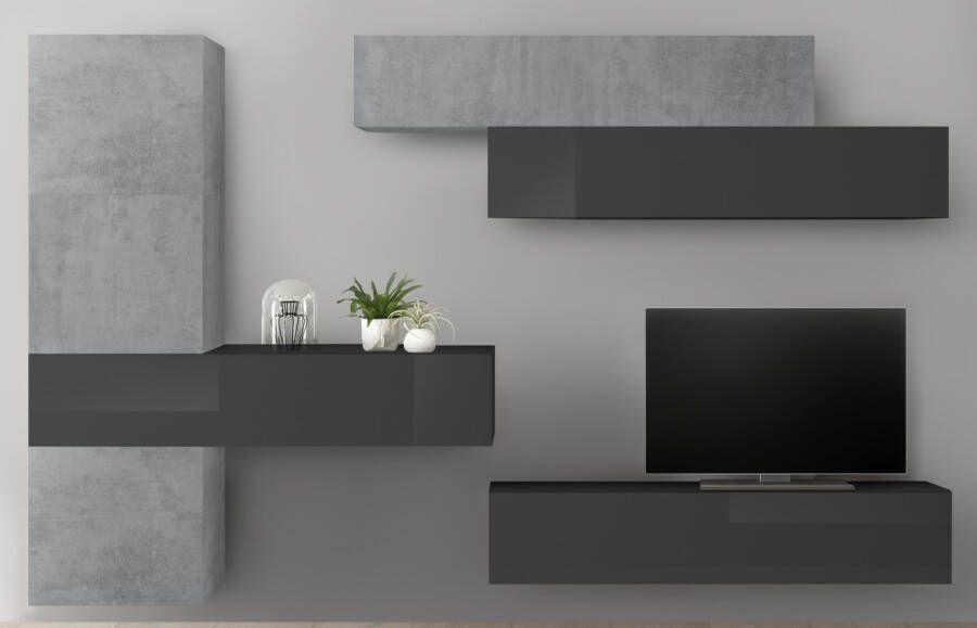 Pesaro Mobilia TV wandmeubel set Mars in hoogglans grijs met grijs beton