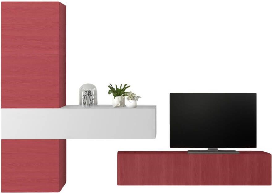 Pesaro Mobilia TV wandmeubel set Mendes in hoogglans wit met rood
