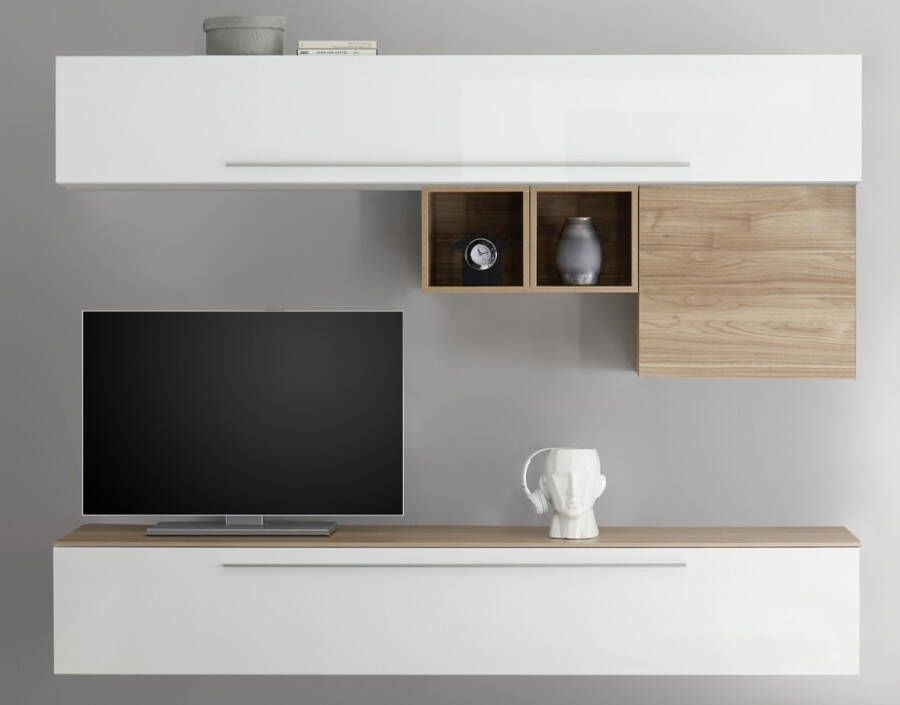 Pesaro Mobilia TV wandmeubel set Miami in hoogglans wit met eiken