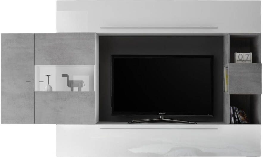 Pesaro Mobilia TV wandmeubel set Vinito in hoogglans wit met grijs beton