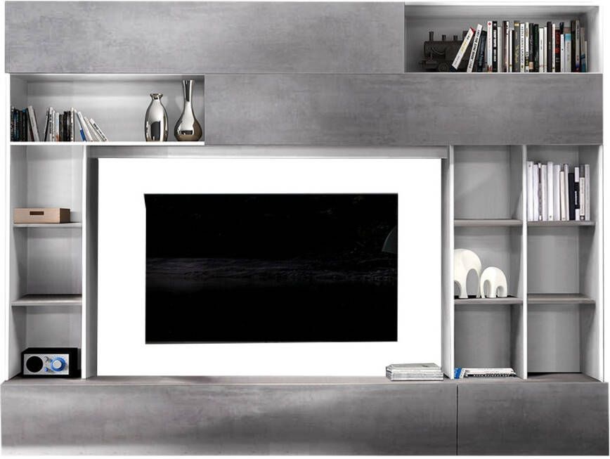 Pesaro Mobilia Tv wandmeubel Tiko 277 cm breed in wit met grijs beton