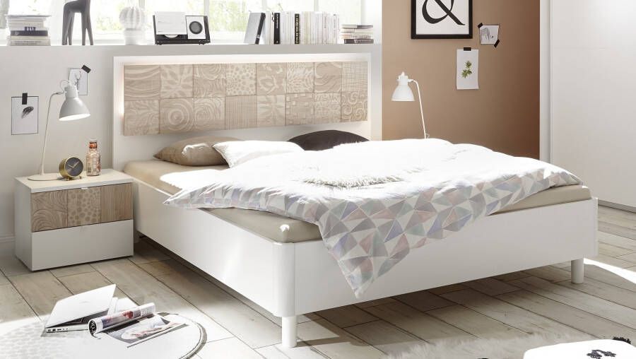 Pesaro Mobilia Tweepersoonsbed Perez 160x200cm in mat wit met sonoma eiken